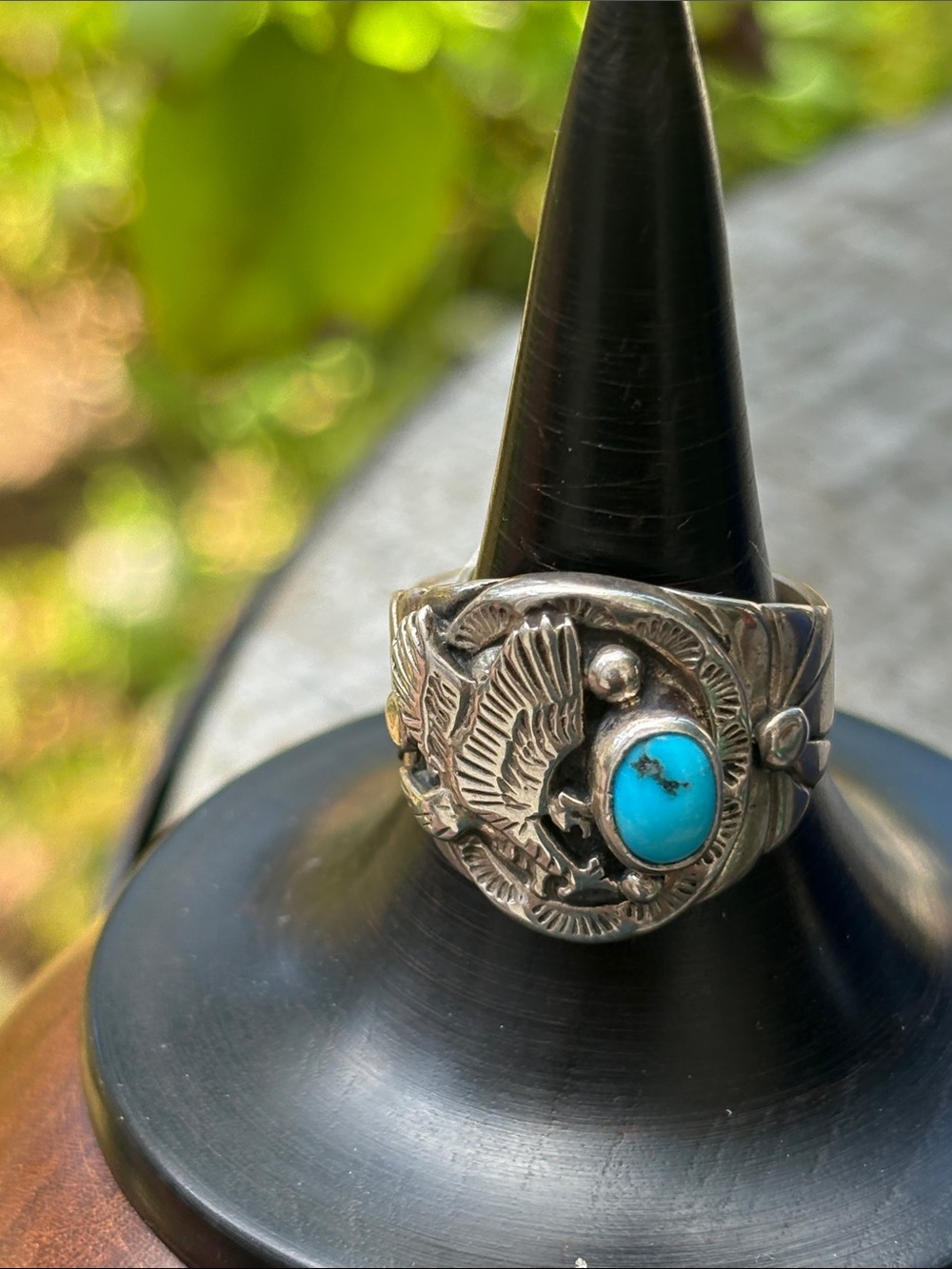 Turquoise Eagle Sterling Silver Statement Ring Vintage Signed